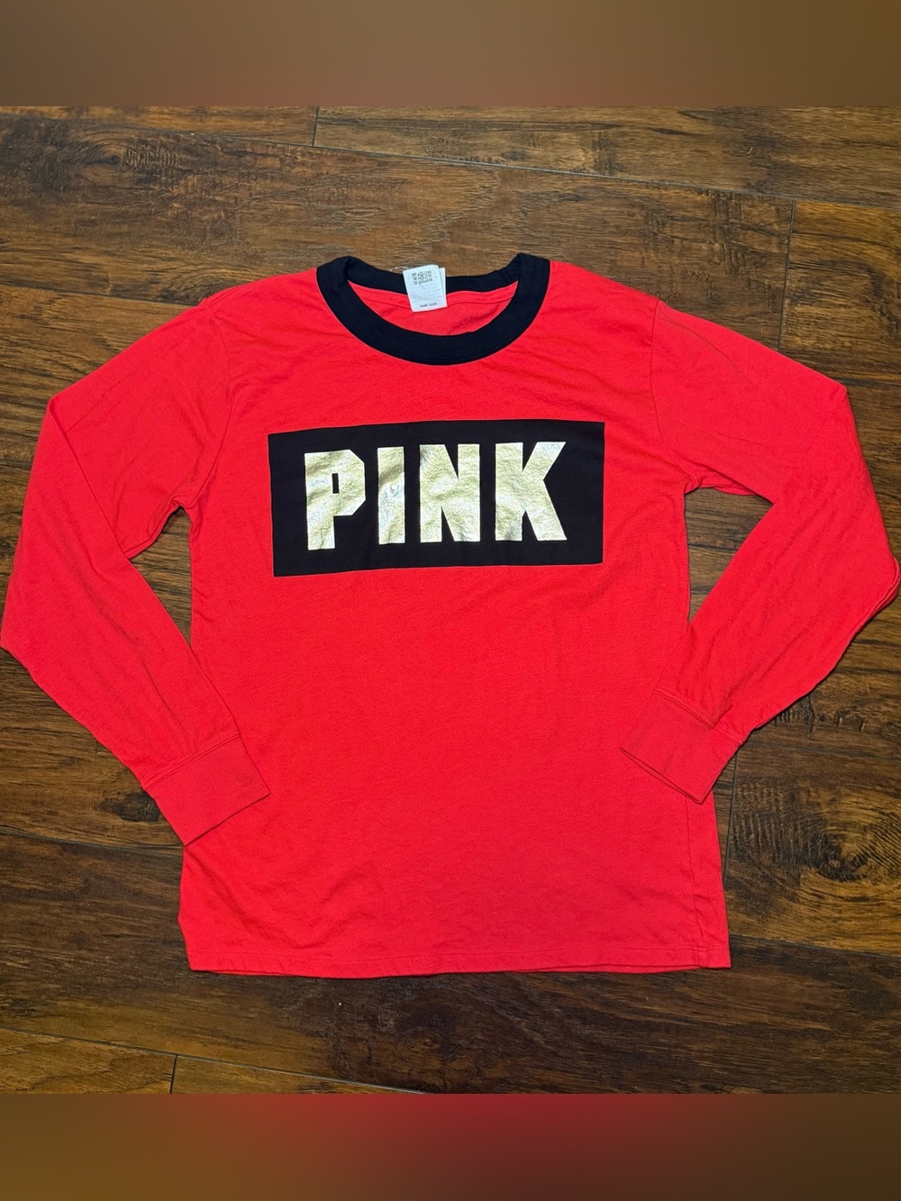 PINK Victoria's Secret Long-Sleeve Red Tee with Black Trim and Gold Logo